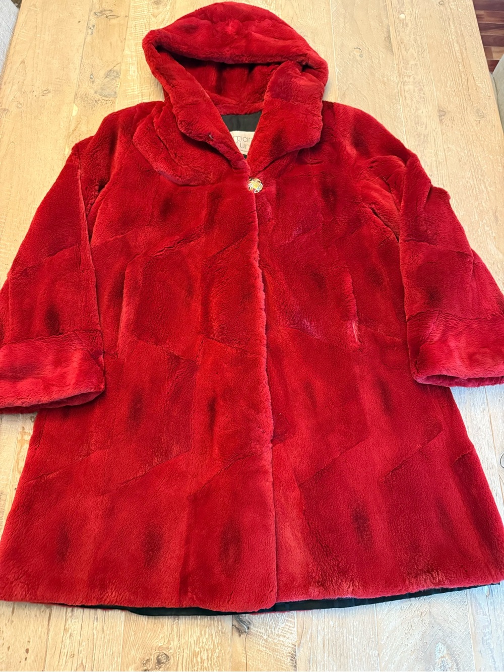 Vintage Holzman Fur Custom Made Red  Hooded Fur Coat 80’s-90’s  EST sz 10-12